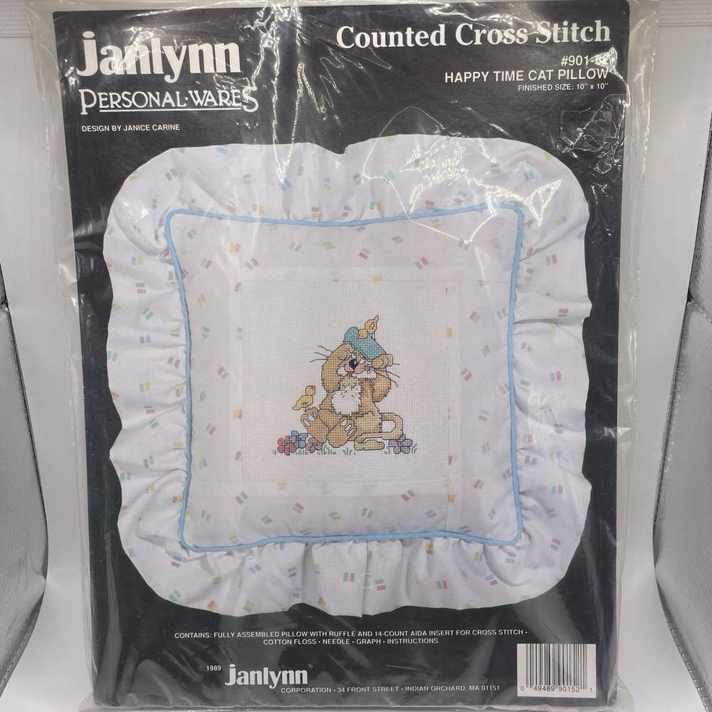 Happy‎ Time Cat Pillow 1989 Janlynn Counted Cross Stitch NEW